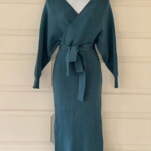 Teal Dolman Sleeve V-Neck Midi Dress
